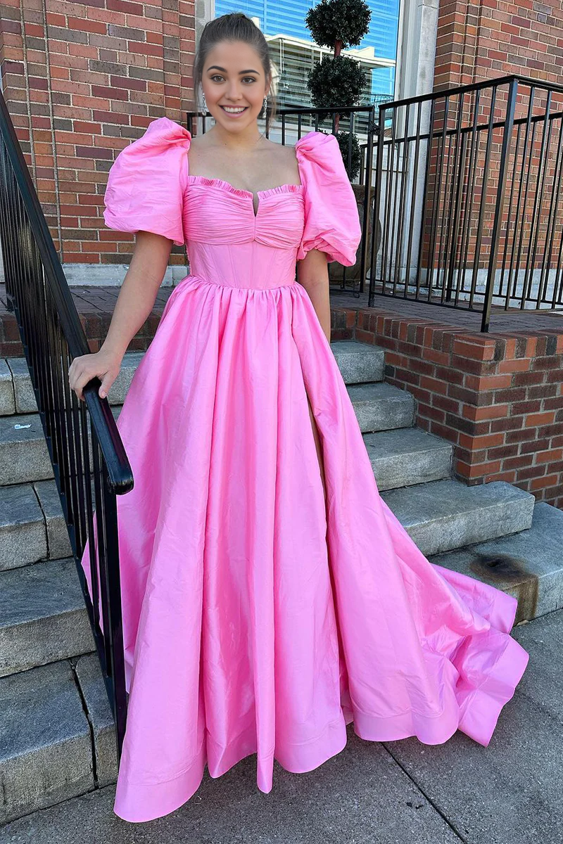 A-line Square Neck Satin Cute Ball Gown Prom Dresses